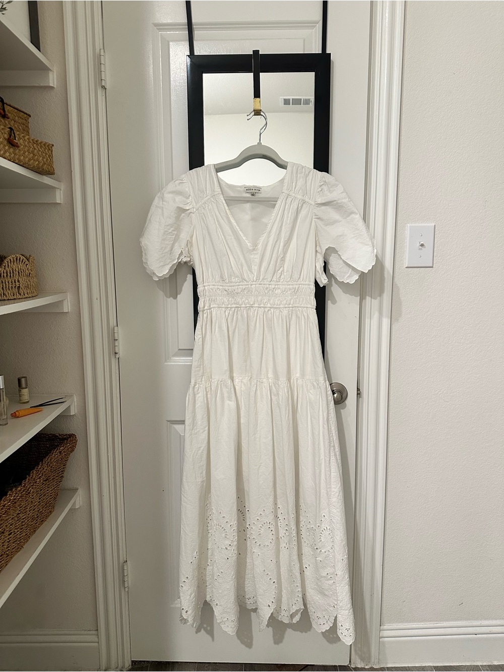 Moon River White Eyelet Midi Dress with Puff Sleeves